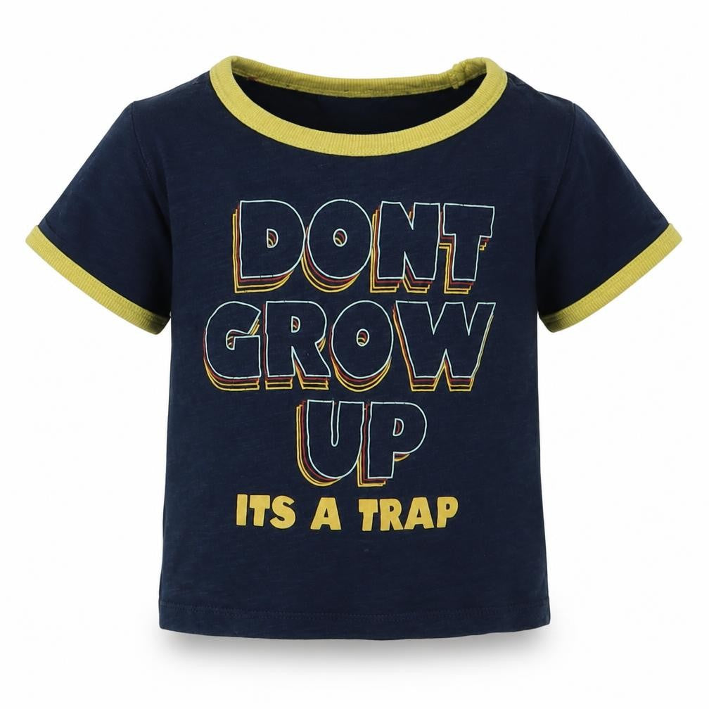 Front view of M&Co boys’ blue cotton basic t-shirt, size 18-24, months crew neck pullover - dont grow up its a trap