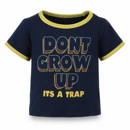 Front view of M&Co boys’ blue cotton basic t-shirt, size 18-24, months crew neck pullover - dont grow up its a trap