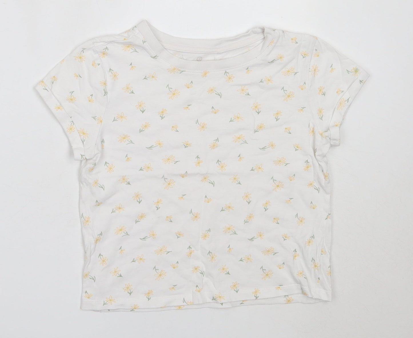 Preworn Girls White Floral Cotton Basic T-Shirt Size 8 Years Round Neck