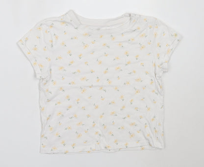 Preworn Girls White Floral Cotton Basic T-Shirt Size 8 Years Round Neck