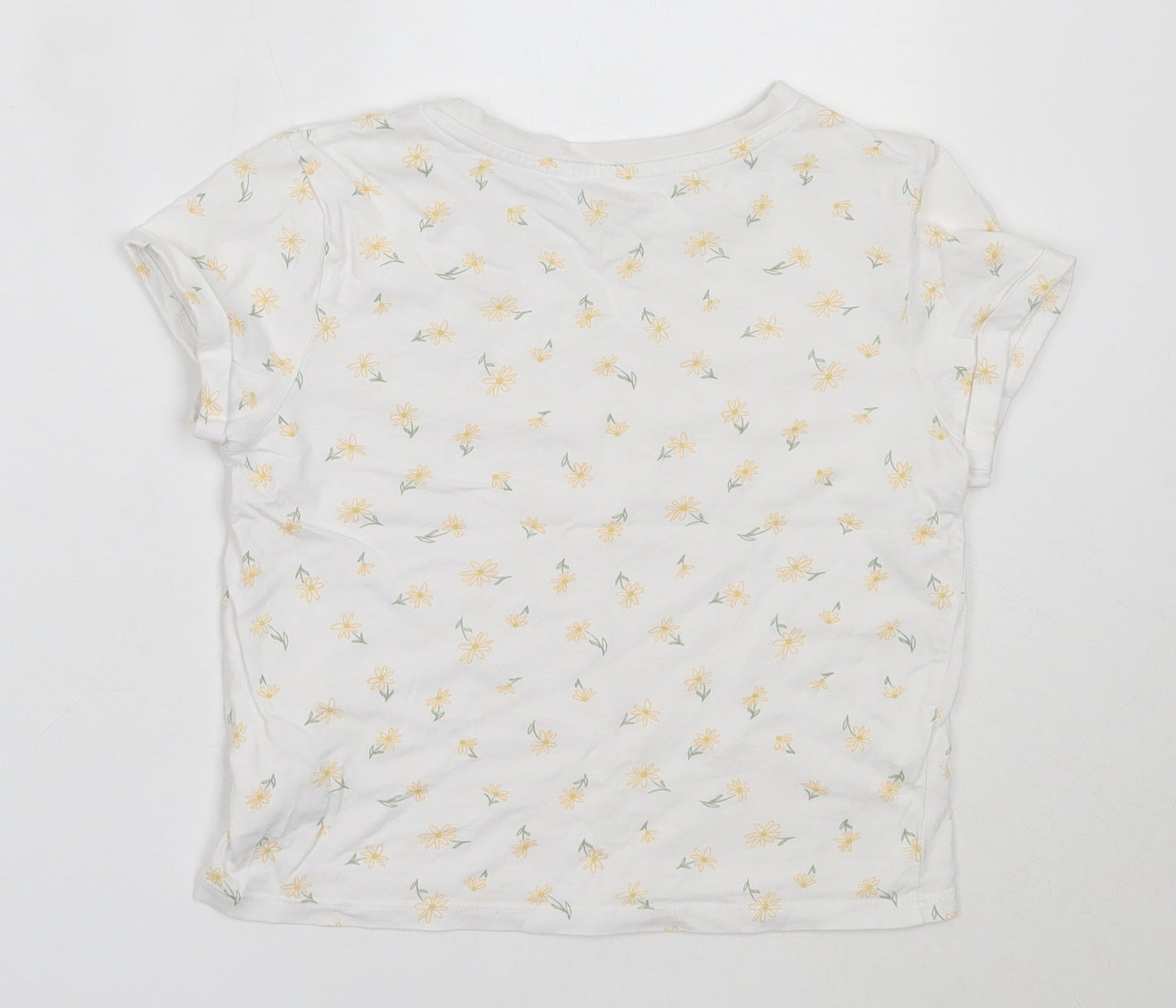 Preworn Girls White Floral Cotton Basic T-Shirt Size 8 Years Round Neck