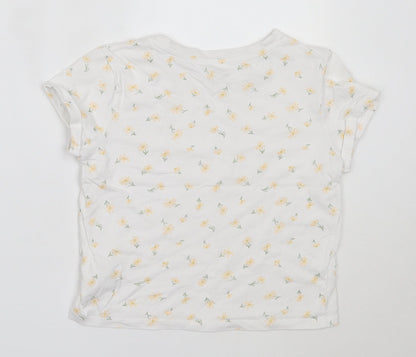 Preworn Girls White Floral Cotton Basic T-Shirt Size 8 Years Round Neck