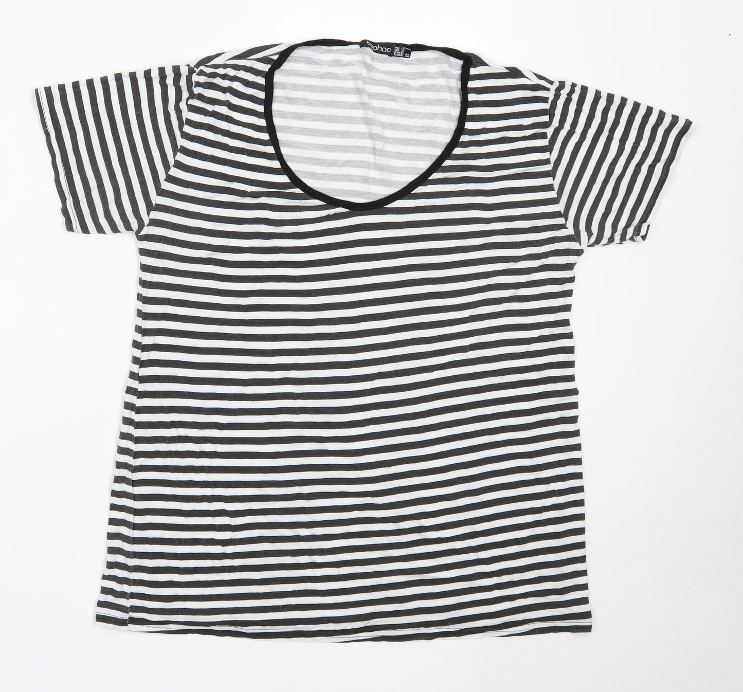 Boohoo Womens Black Striped Viscose Basic T-Shirt Size 12 Round Neck