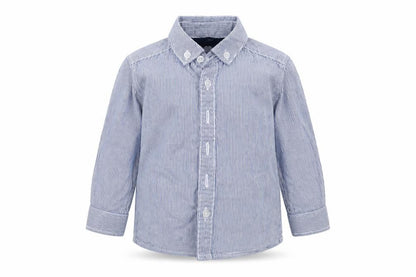 Front view of Mini Rebel boys’ blue cotton basic button-up, size 12-18, months collared