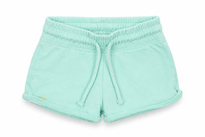 Front view of Next girls’ green cotton hot pants shorts, size 4, years regular