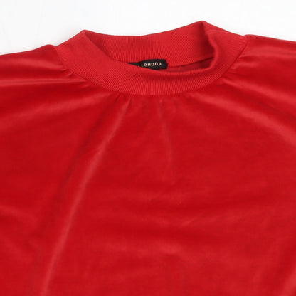 Close-up detail of QED London women’s red polyester pullover sweatshirt, size L