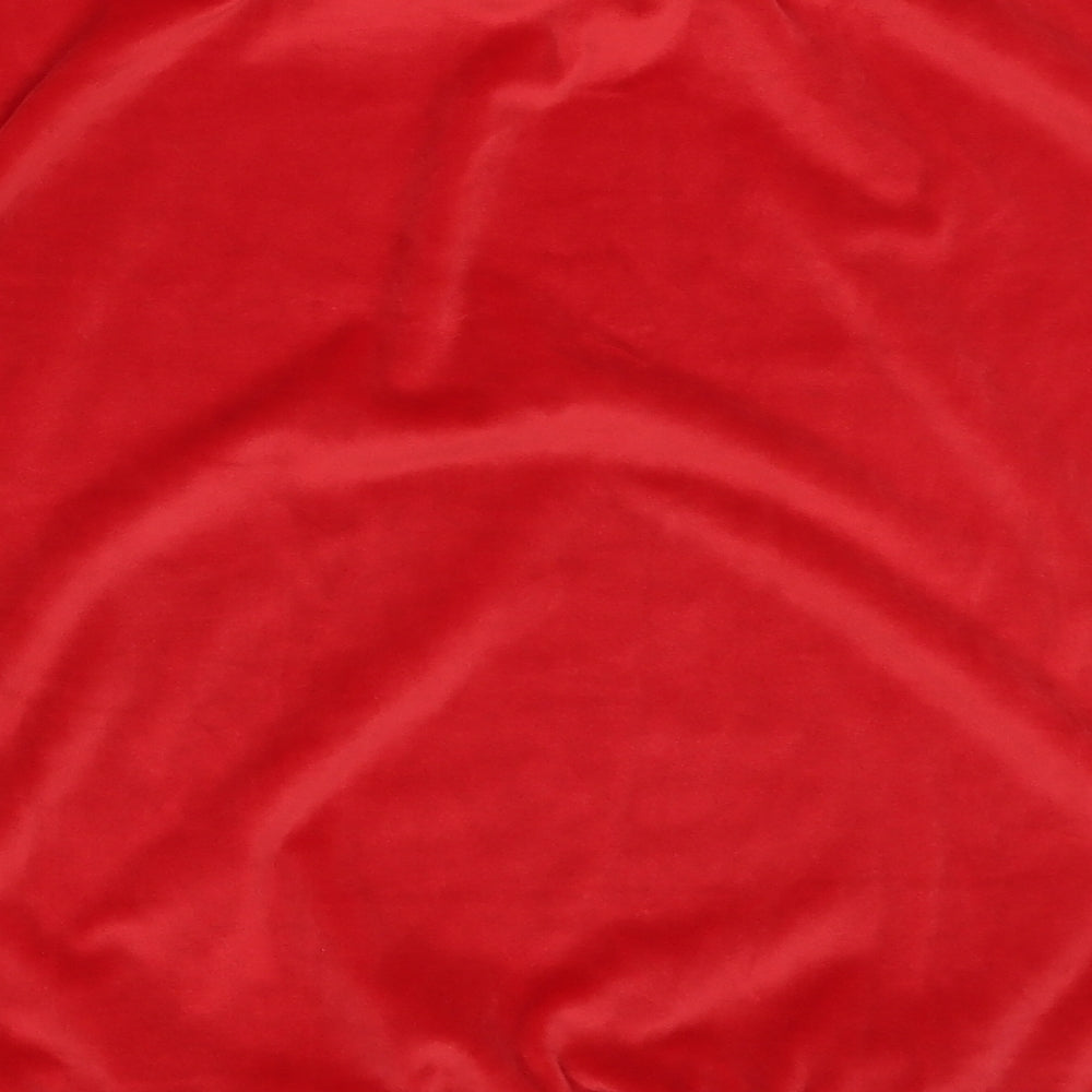 Brand and care label for QED London women’s red polyester pullover sweatshirt, size L