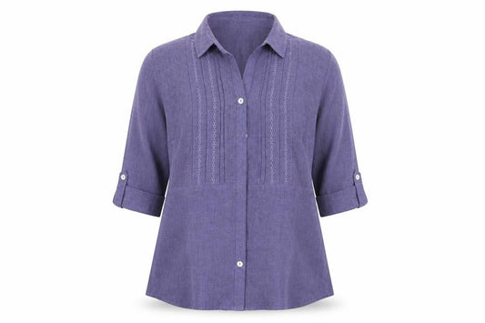 Front view of Bonmarché women’s purple polyester basic button-up, size UK 12, collared