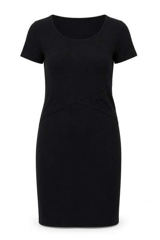 Front view of Mamalicious women’s black viscose pencil dress, size M, round neck