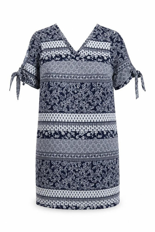Front view of Peacocks women’s blue floral polyester shift, size UK 12, v-neck