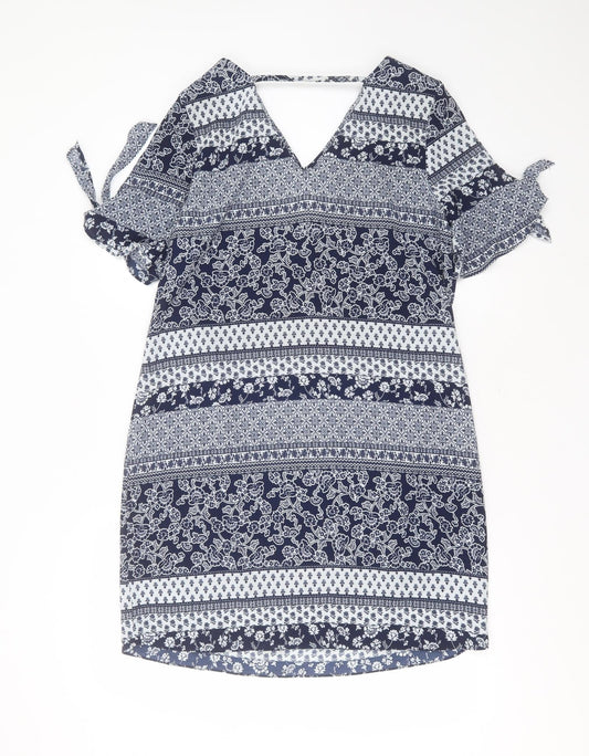 Peacocks Womens Blue Floral Polyester Shift  Size 12  V-Neck