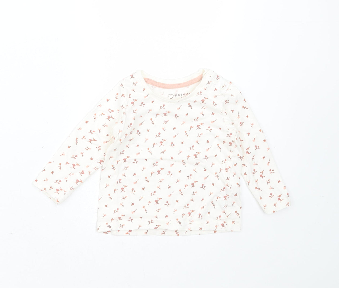 Primark Girls Ivory Floral Cotton Basic T-Shirt Size 6-9 Months Round Neck