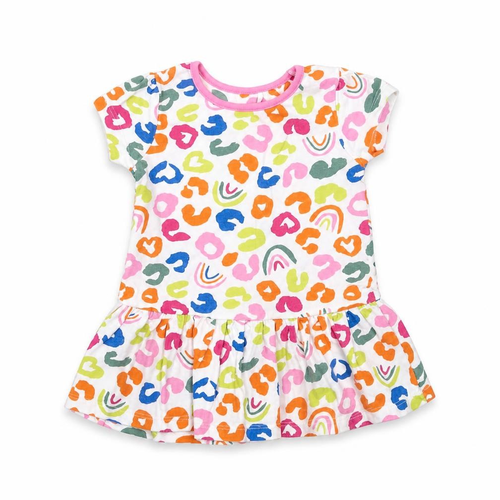 Front view of Mini Club girls’ multicoloured geometric cotton t-shirt dress, size 9-12, months round neck