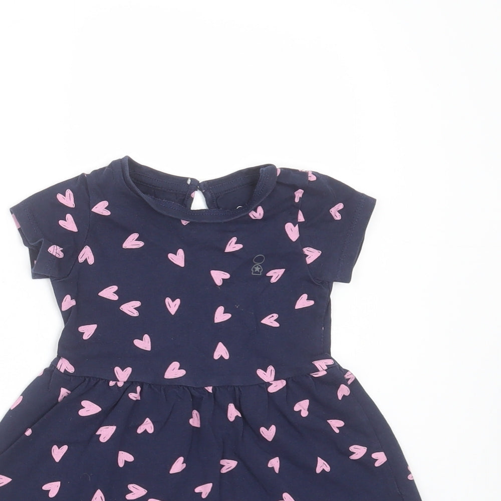 Mothercare Girls Blue  Cotton T-Shirt Dress  Size 9-12 Months  Round Neck  - Heart pattern