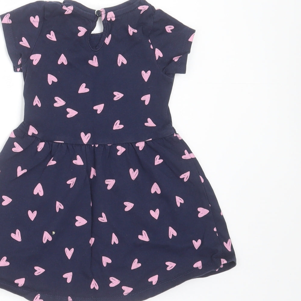 Mothercare Girls Blue  Cotton T-Shirt Dress  Size 9-12 Months  Round Neck  - Heart pattern