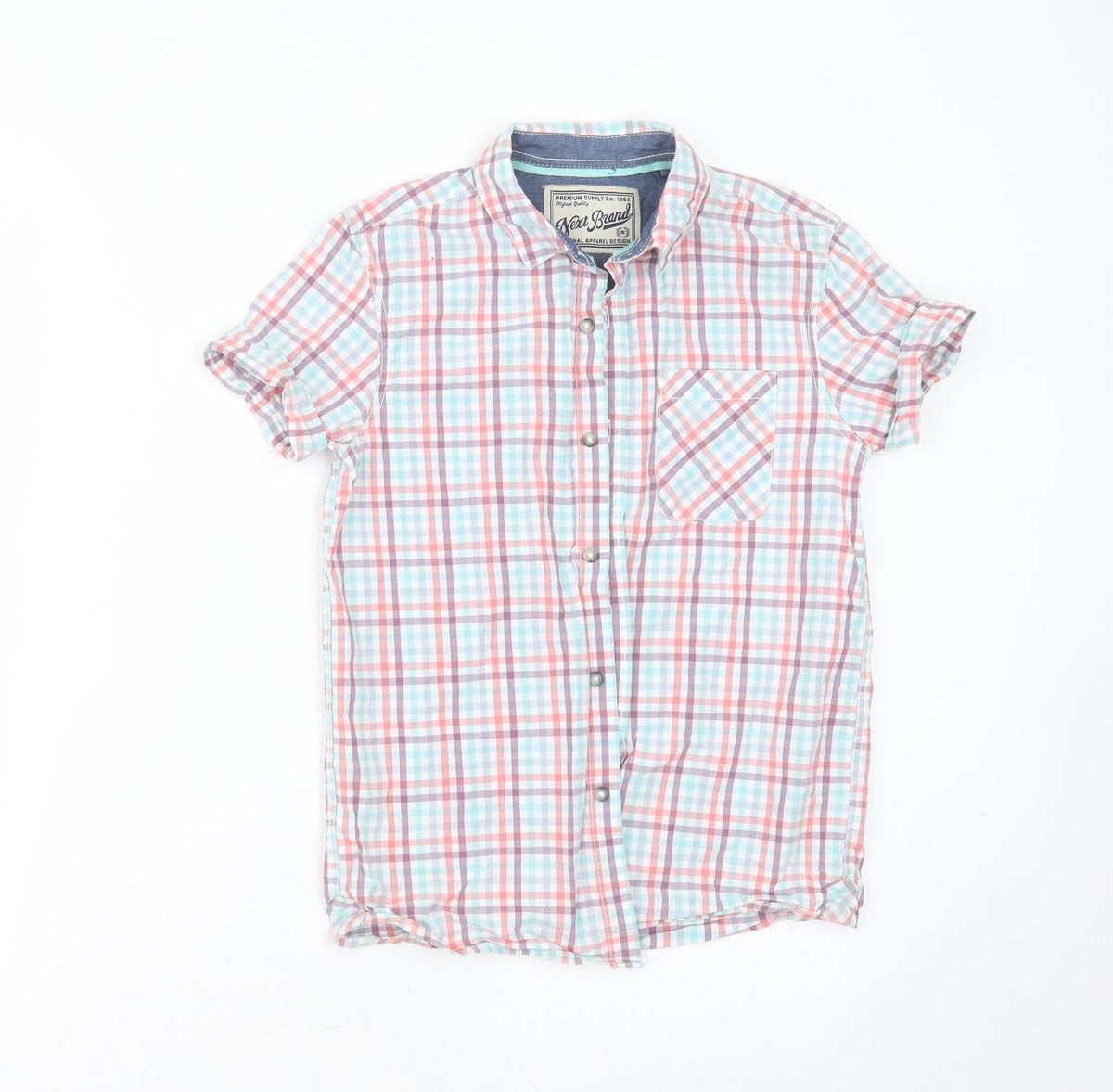 Front view of Next boys’ multicoloured check cotton basic button-up, size 10, years collared button