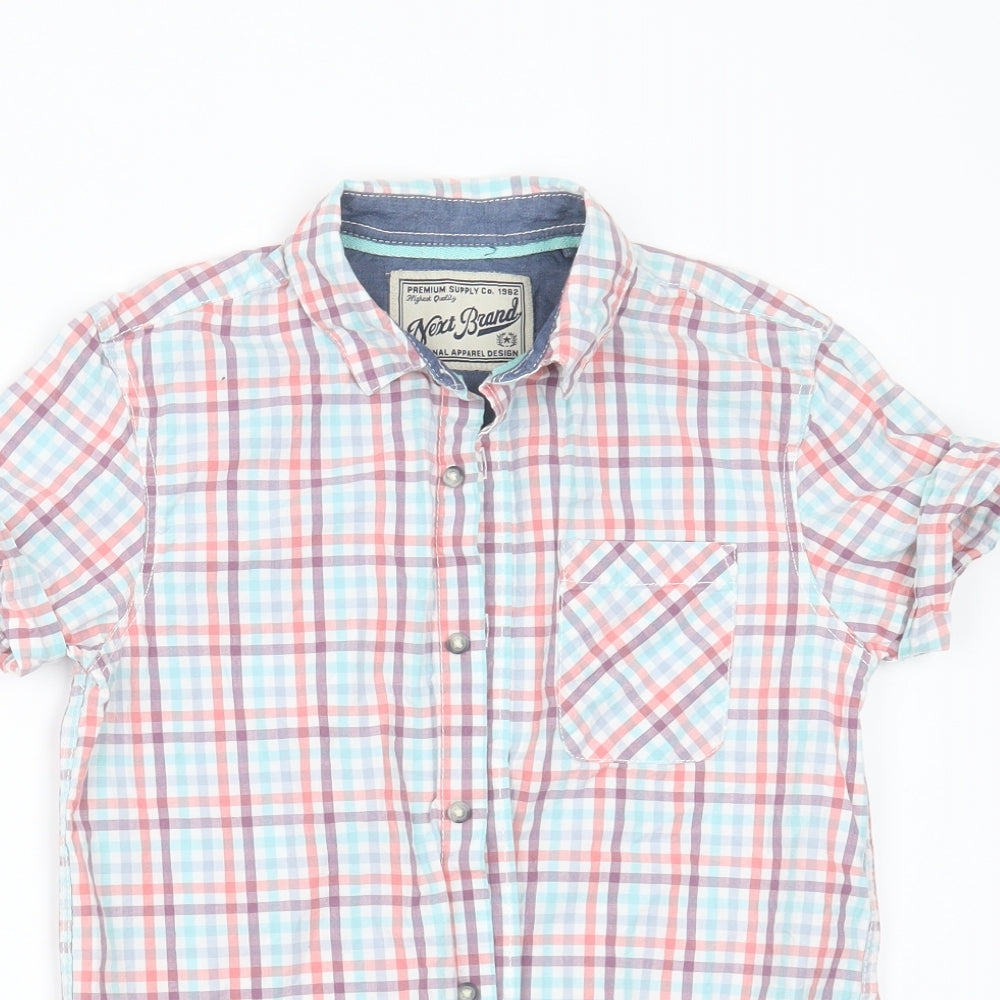 Close-up detail of Next boys’ multicoloured check cotton basic button-up, size 10, years collared button