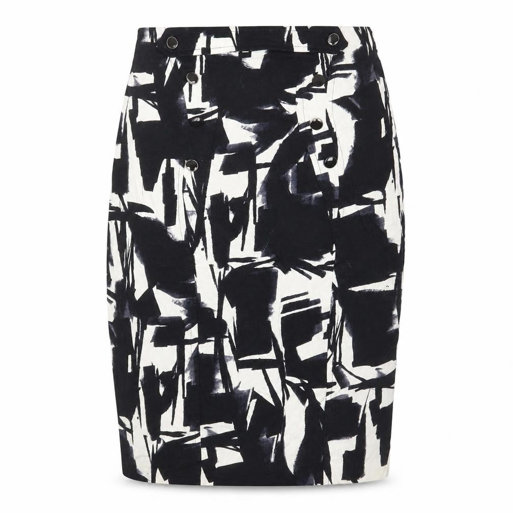 Front view of River Island women’s black geometric cotton straight & pencil skirt, size UK 8