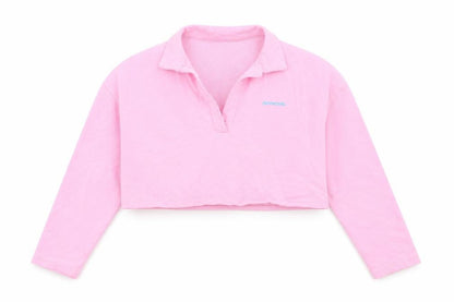 Front view of Boohoo women’s pink polyester pullover sweatshirt, size UK 10, - cropped