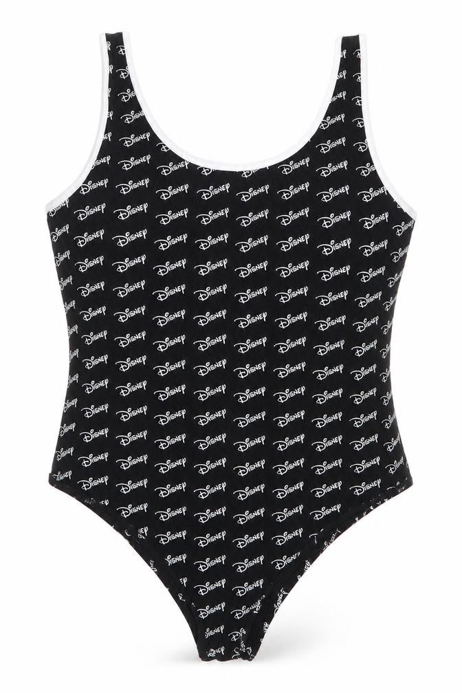 Front view of Primark women’s black cotton bodysuit one-piece, size M, - disney