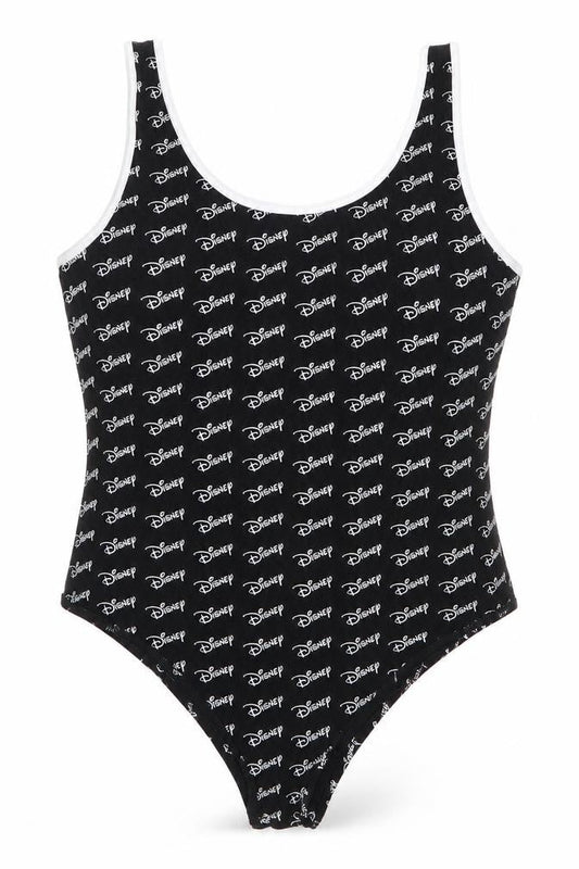 Front view of Primark women’s black cotton bodysuit one-piece, size M, - disney