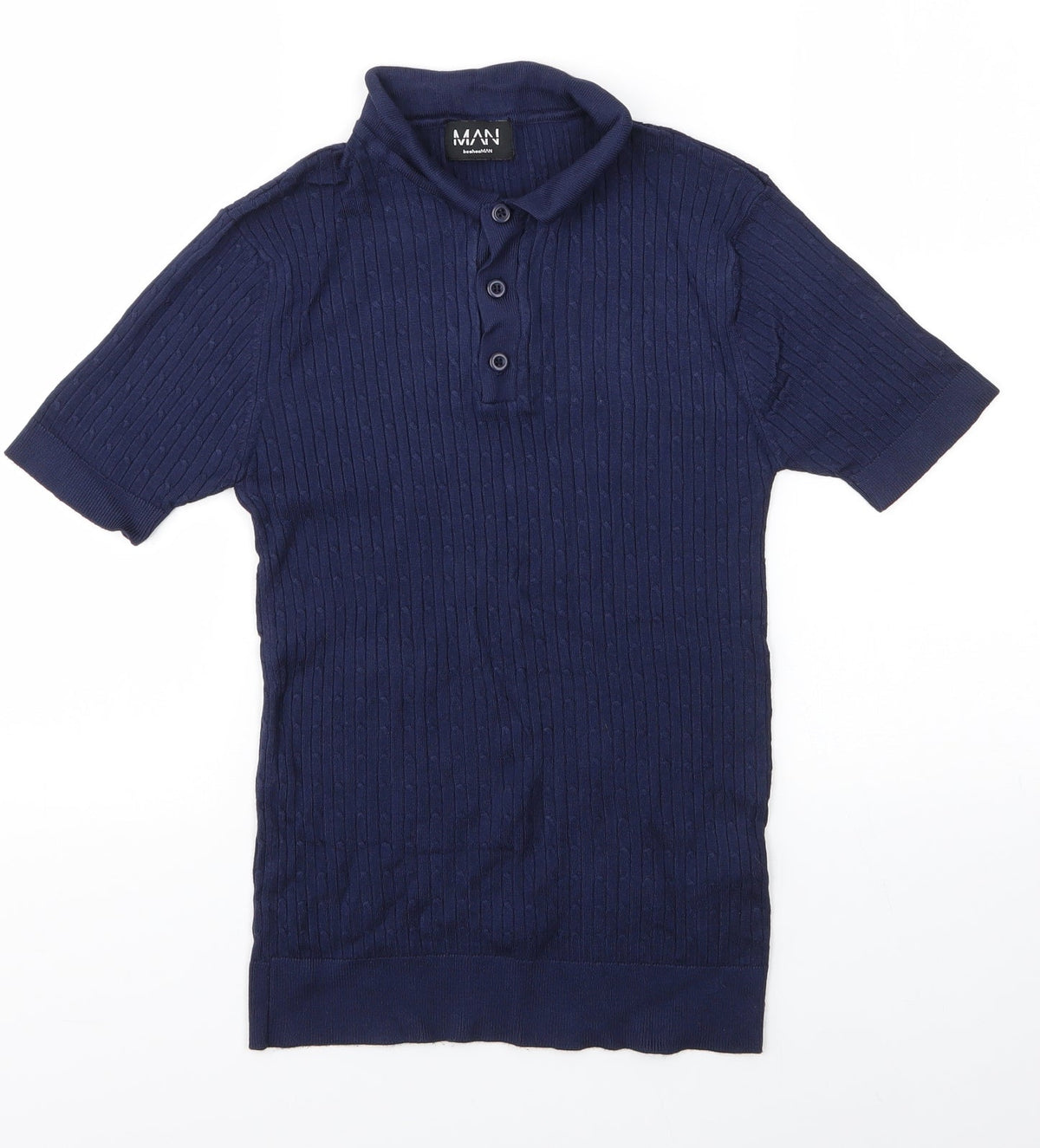 Additional front view of boohooMAN men’s blue collared viscose jumper, size S
