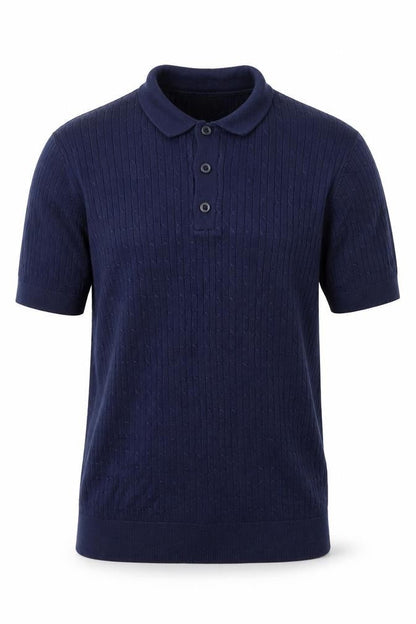Front view of boohooMAN men’s blue collared viscose jumper, size S