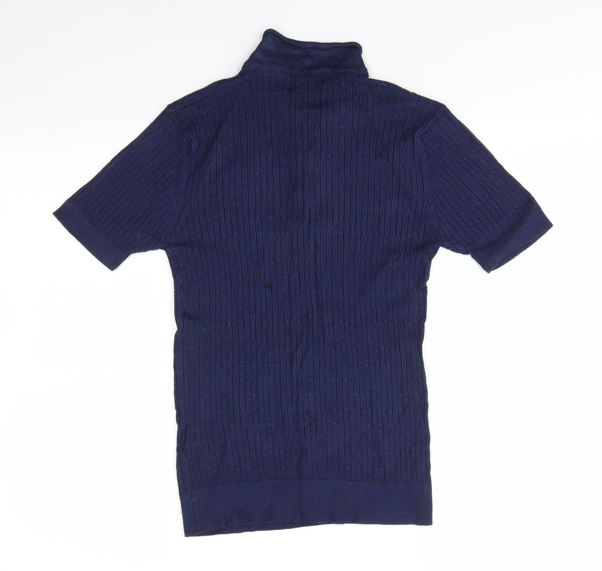 Back view of boohooMAN men’s blue collared viscose jumper, size S