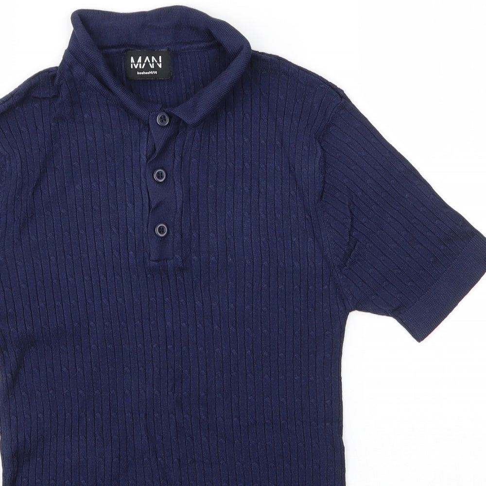 Close-up detail of boohooMAN men’s blue collared viscose jumper, size S