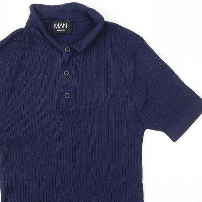 Close-up detail of boohooMAN men’s blue collared viscose jumper, size S