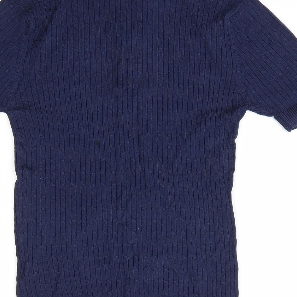 Brand and care label for boohooMAN men’s blue collared viscose jumper, size S