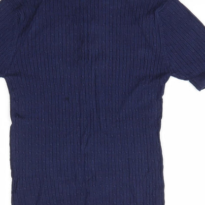 Brand and care label for boohooMAN men’s blue collared viscose jumper, size S