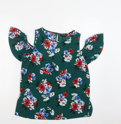 New Loik Womens Green Floral Polyester Basic Blouse Size 12 Round Neck - Cold Shoulder