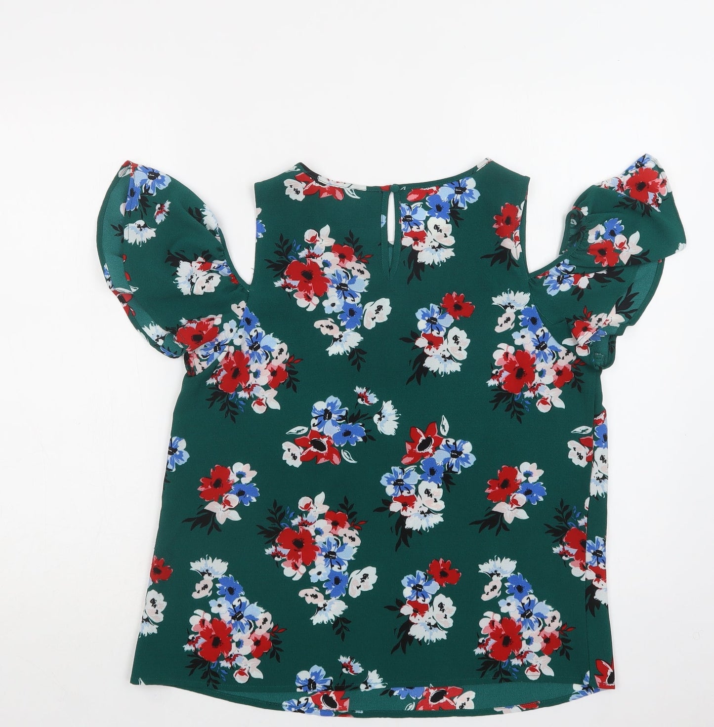New Loik Womens Green Floral Polyester Basic Blouse Size 12 Round Neck - Cold Shoulder