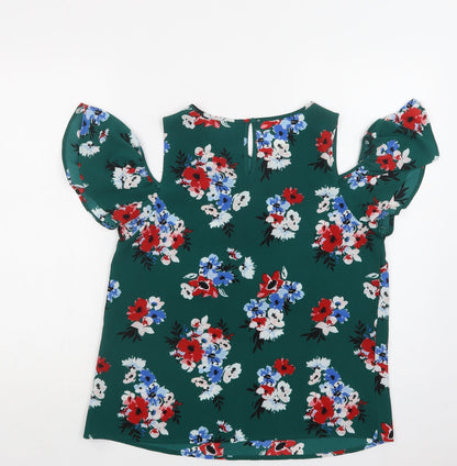 New Loik Womens Green Floral Polyester Basic Blouse Size 12 Round Neck - Cold Shoulder