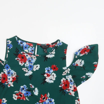 New Loik Womens Green Floral Polyester Basic Blouse Size 12 Round Neck - Cold Shoulder