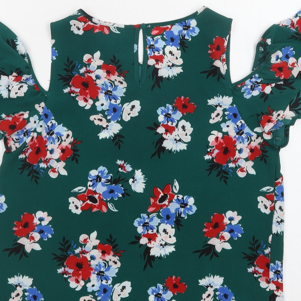 New Loik Womens Green Floral Polyester Basic Blouse Size 12 Round Neck - Cold Shoulder