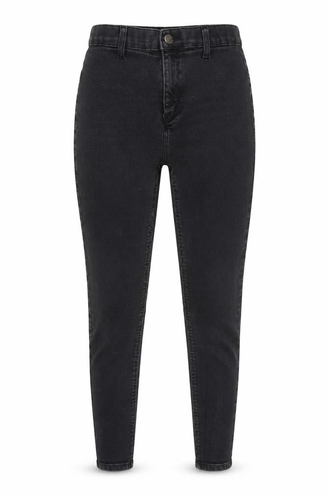 Front view of Topshop women’s black cotton skinny jeans, size UK 28, 30-inch leg regular button
