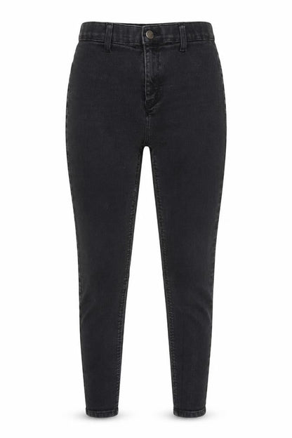 Front view of Topshop women’s black cotton skinny jeans, size UK 28, 30-inch leg regular button