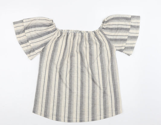 George Womens Beige Striped Polyester Basic Blouse Size 12 Off the Shoulder