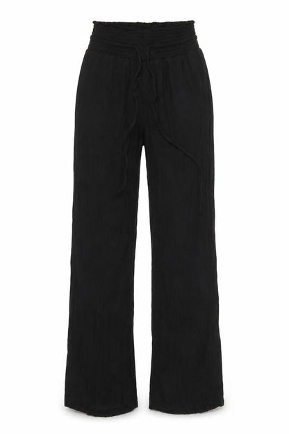 Front view of Amiani women’s black polyester trousers, size UK 25, in, 29-inch leg regular drawstring