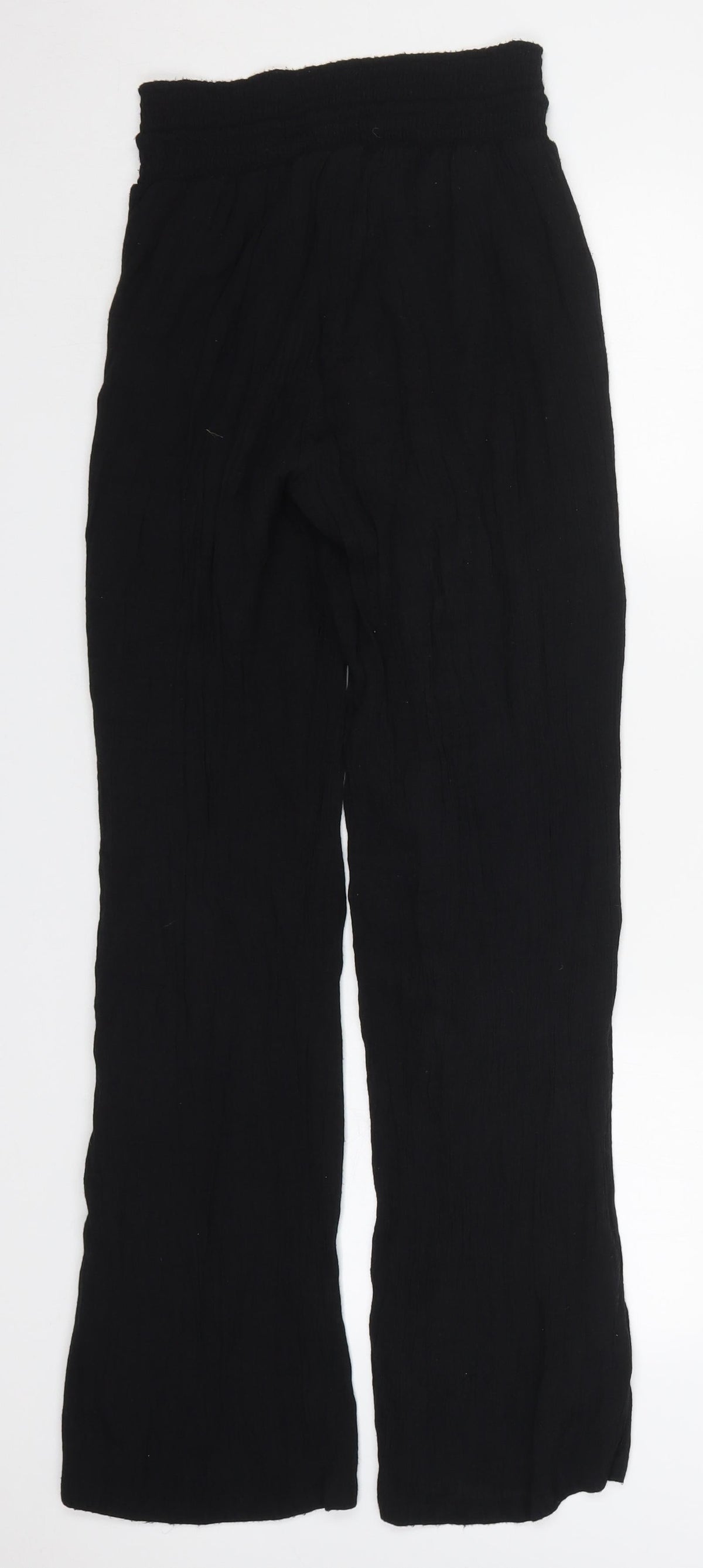 Back view of Amiani women’s black polyester trousers, size UK 25, in, 29-inch leg regular drawstring
