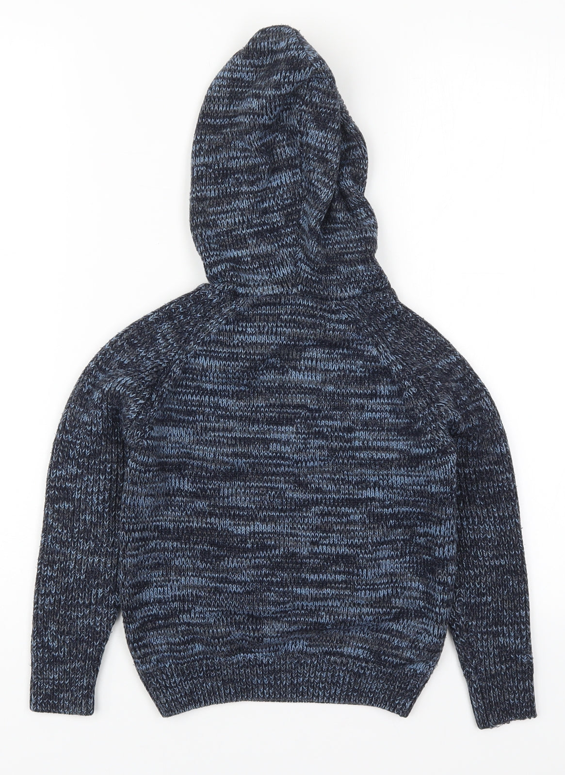 Back view of Matalan boys’ blue acrylic pullover hoodie, size 7, years pullover