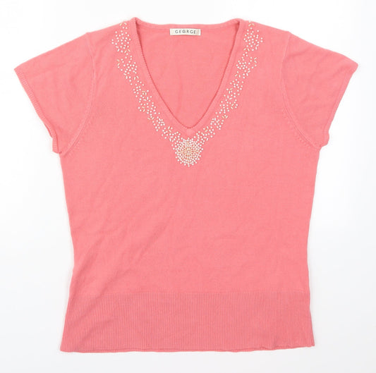 George Womens Pink V-Neck  Acrylic Pullover Jumper Size 14