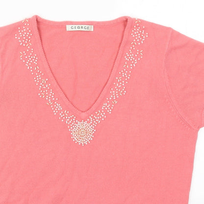 George Womens Pink V-Neck  Acrylic Pullover Jumper Size 14