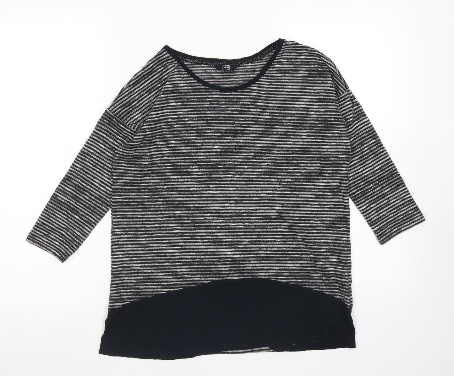 F&F Womens Black Striped Polyester Basic T-Shirt Size 8 Round Neck