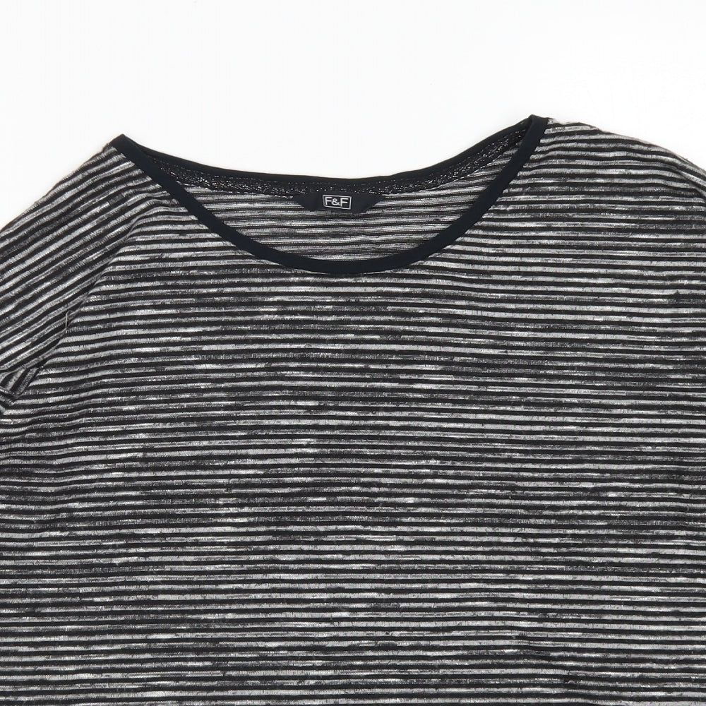 F&F Womens Black Striped Polyester Basic T-Shirt Size 8 Round Neck