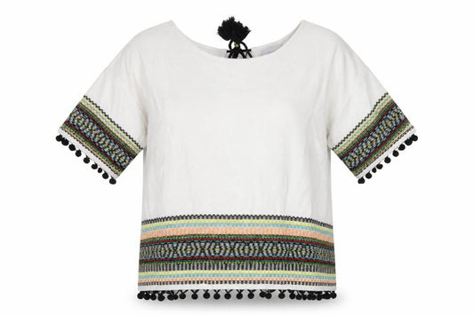 Front view of Marks & Spencer women’s white round neck striped cotton jumper, size UK 12