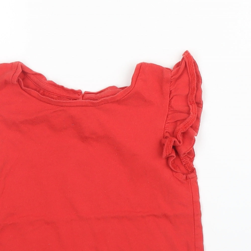 Close-up detail of Tu girls’ red cotton basic t-shirt, size 2, years round neck button