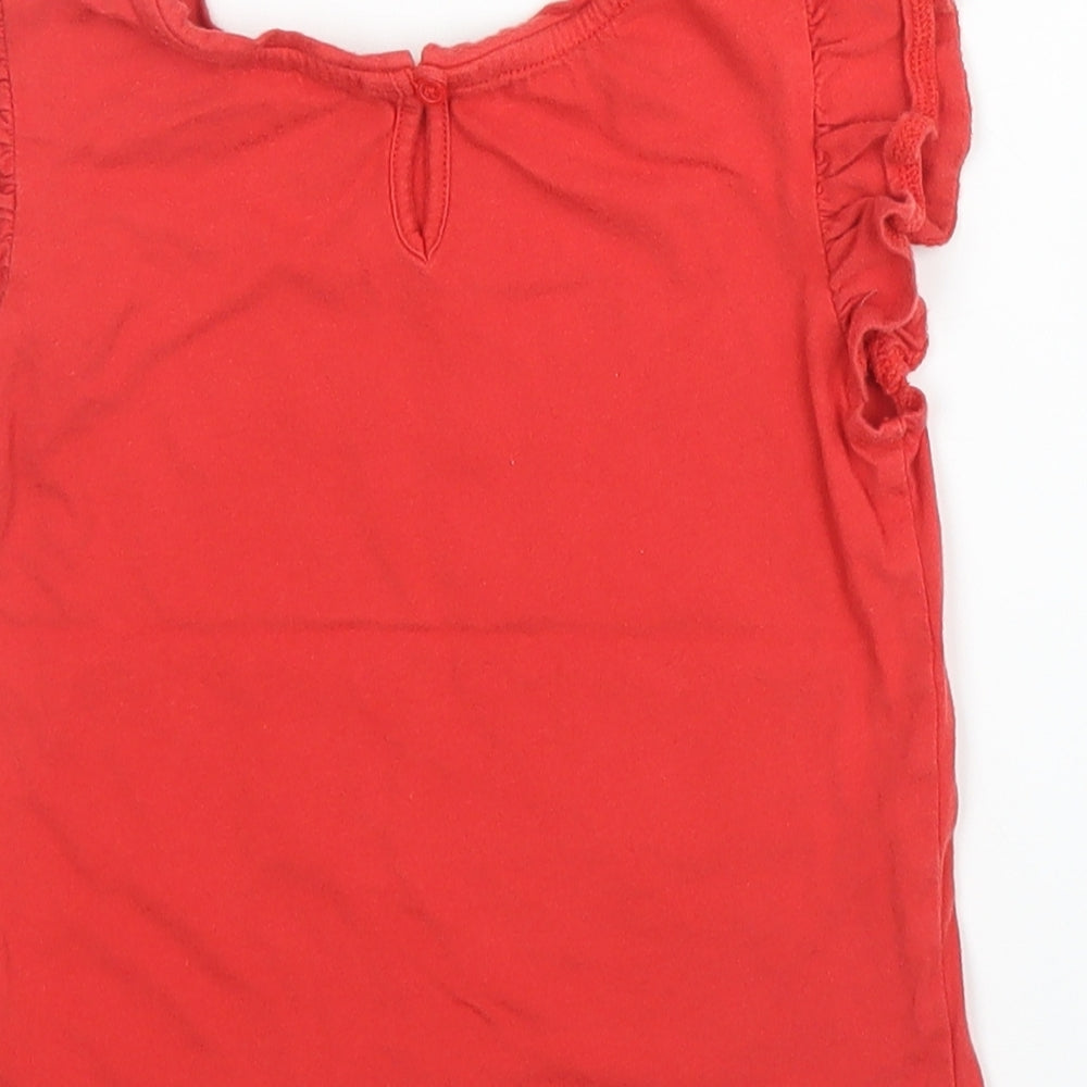 Brand and care label for Tu girls’ red cotton basic t-shirt, size 2, years round neck button